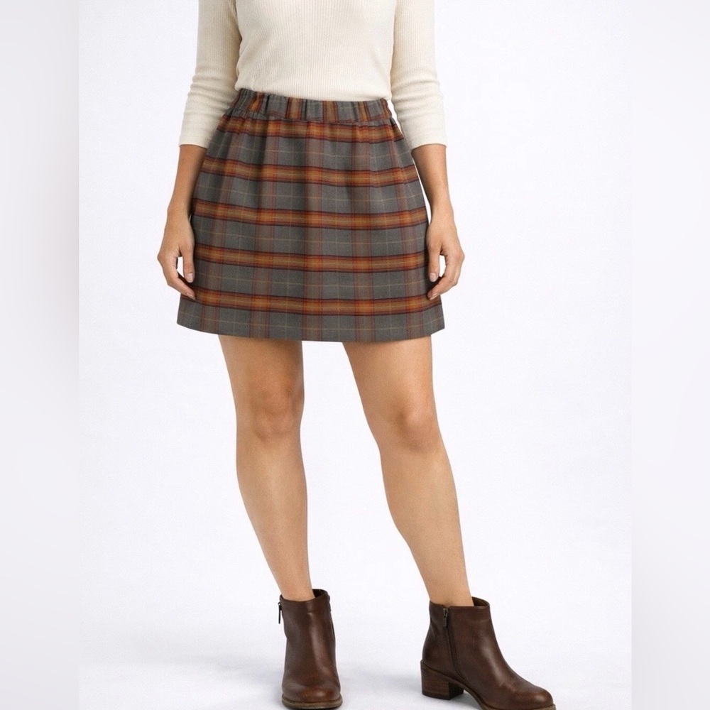 Uniqlo Mini Skirt brown Plaid Tartan Wool Blend‎ Faux Wrap Grunge Women's Sz 160